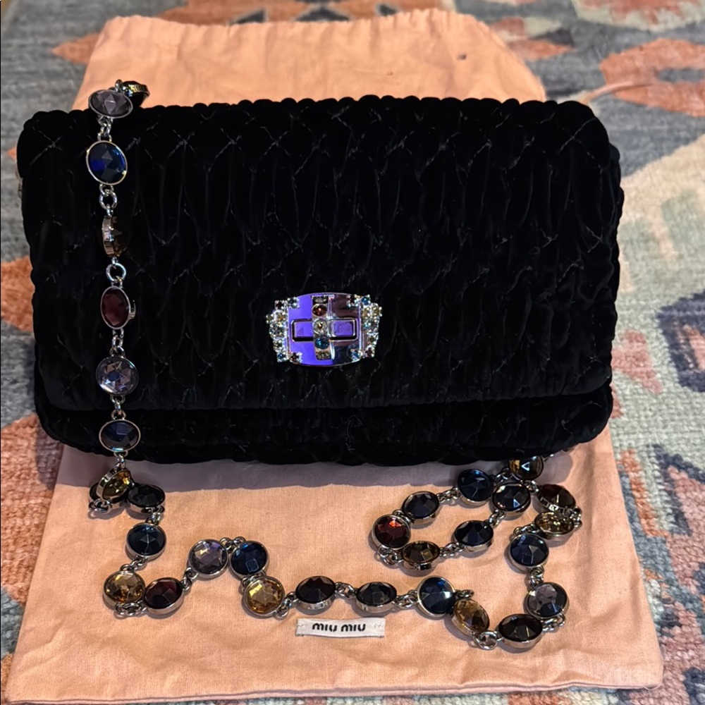 Miu Miu Black Velvet Clutch with Gemstone Embellishment- Never Used